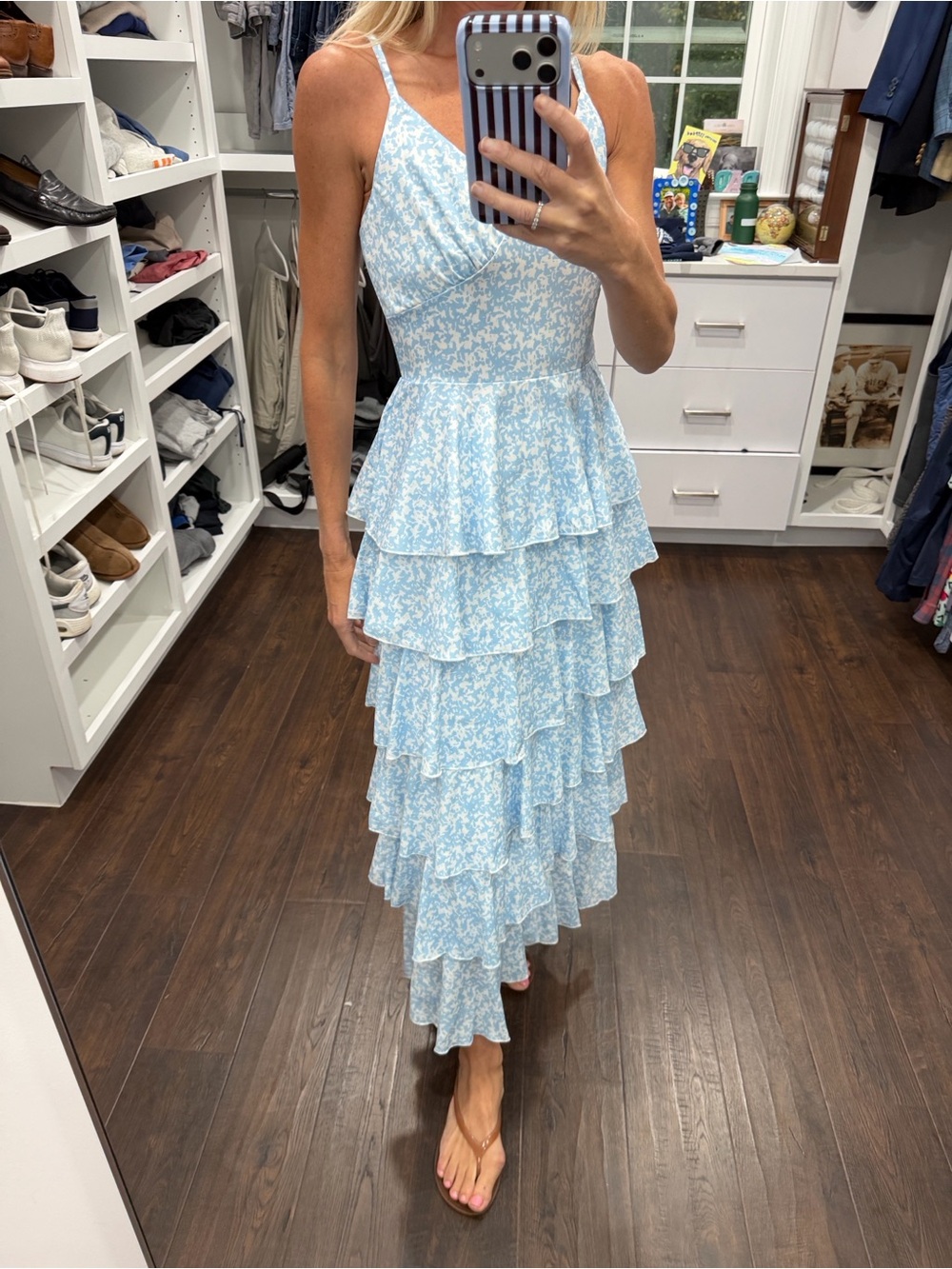 Amazon Light Blue Floral Tiered Midi Dress S - Picture 3 of 6